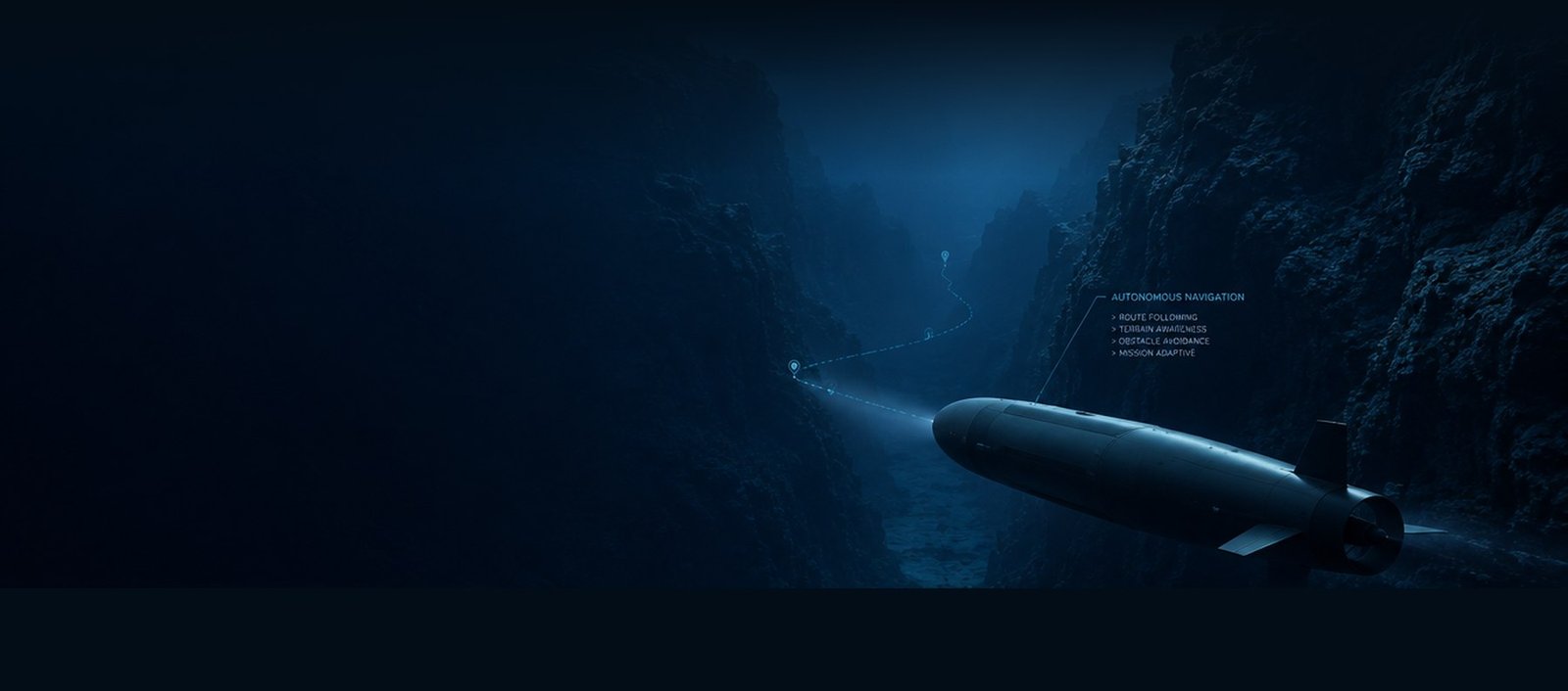 The vehicle following a plotted route through a narrow canyon, waypoints marked ahead of it.